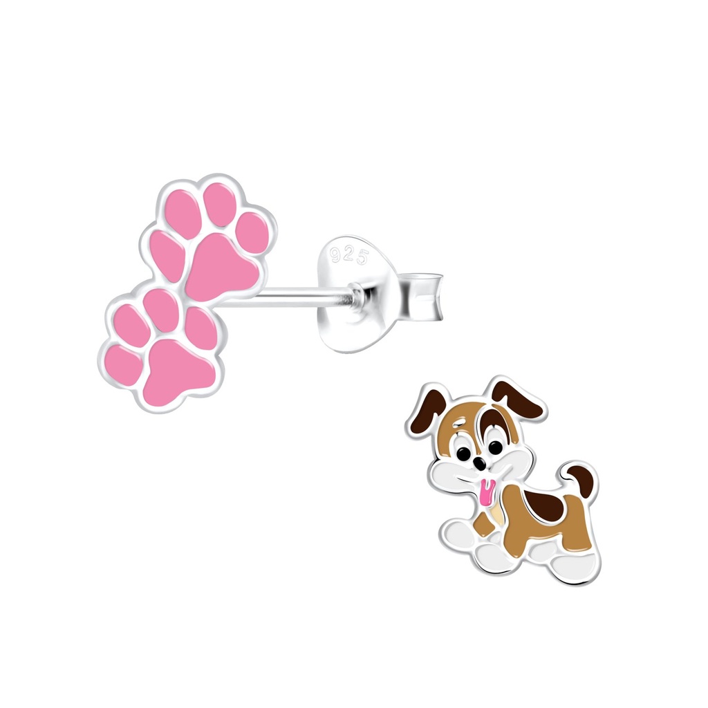 Silver Paw Print and Dog Stud Earrings