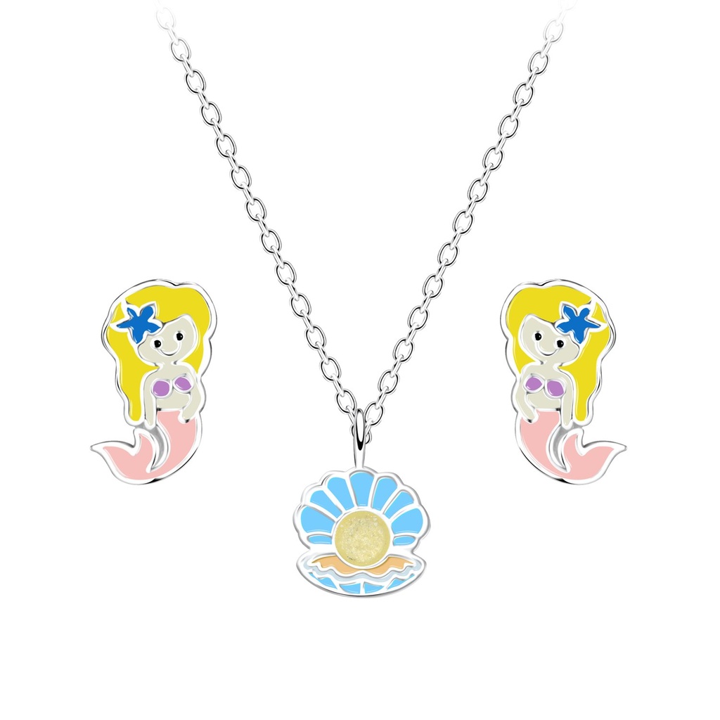 [10027988] Silver Mermaid Necklace and Stud Earrings Set