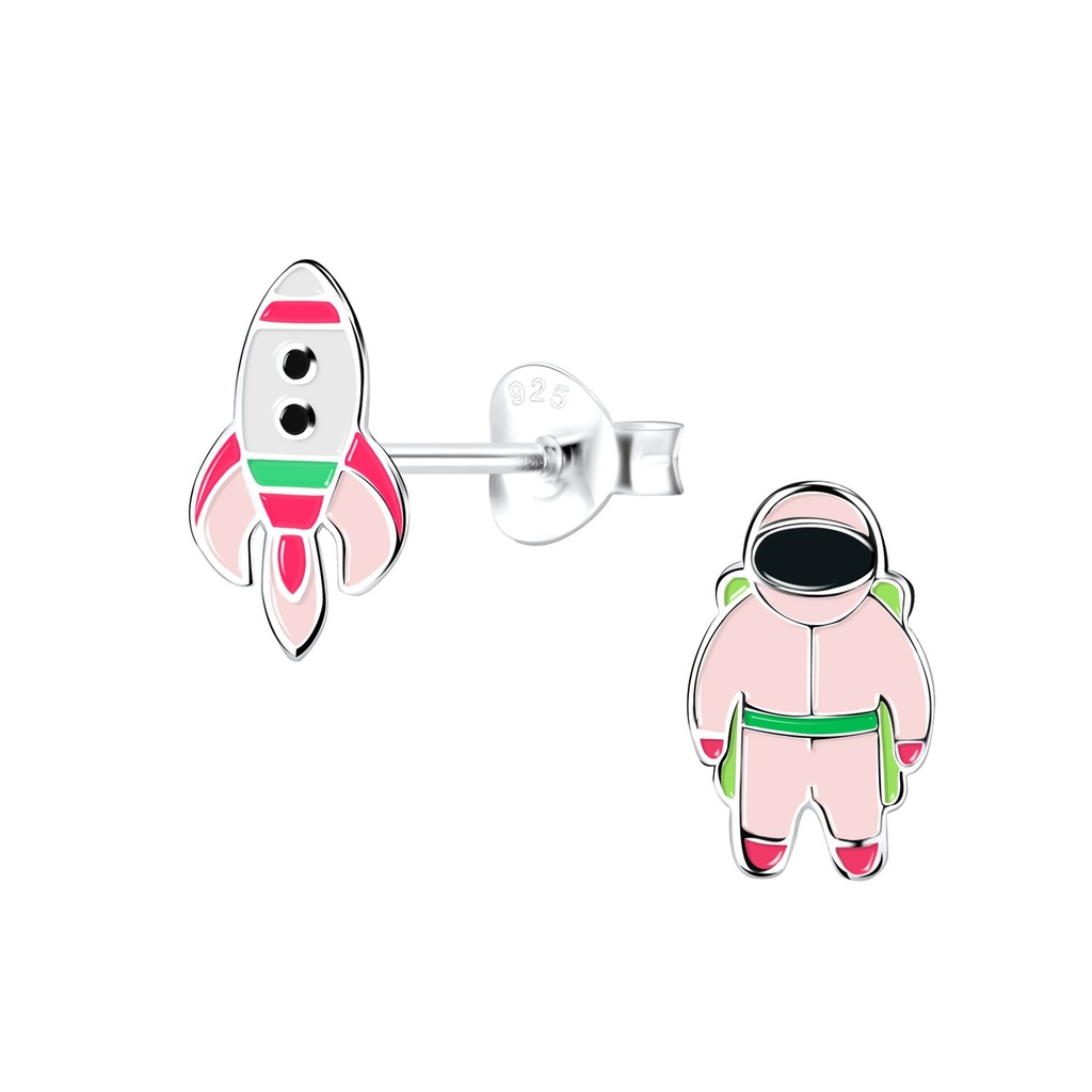Puces d'oreilles fusée et astronaute en argent