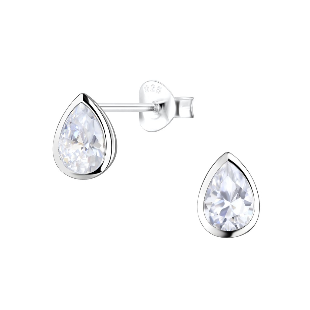 [10027883] 4x6mm Pear Cubic Zirconia Silver Stud Earrings