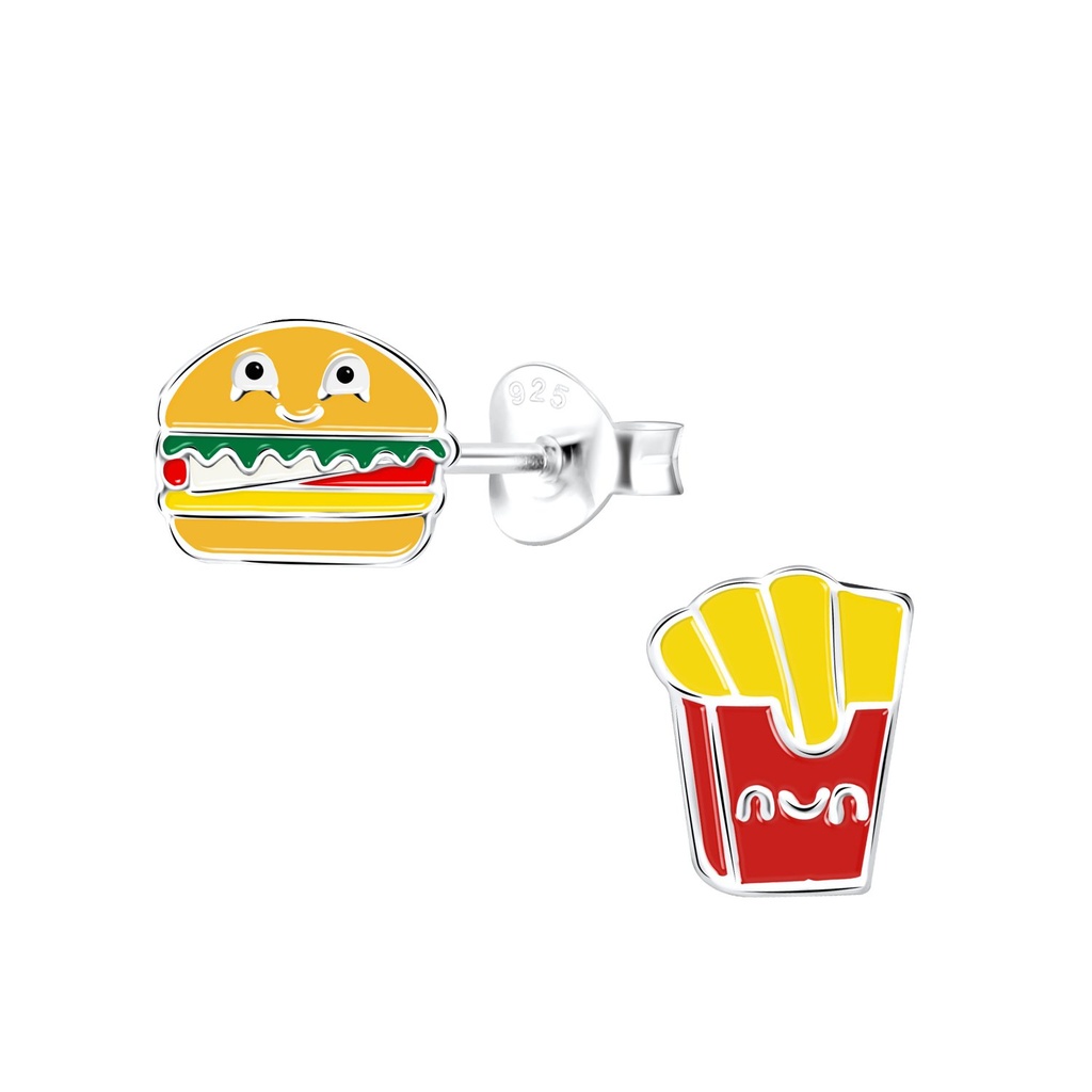 [10027963] Silver Burger and French Fries Stud Earrings