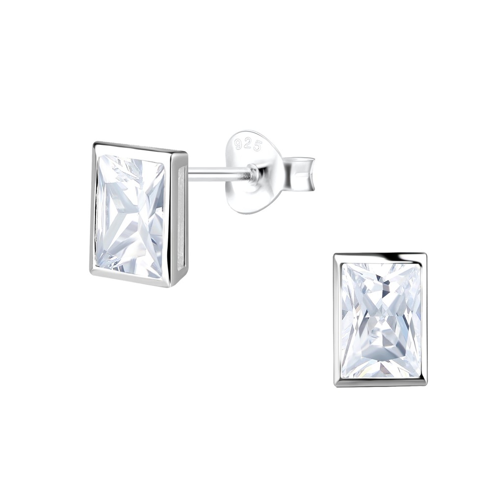 4x6mm Baguette Cubic Zirconia Silver Stud Earrings