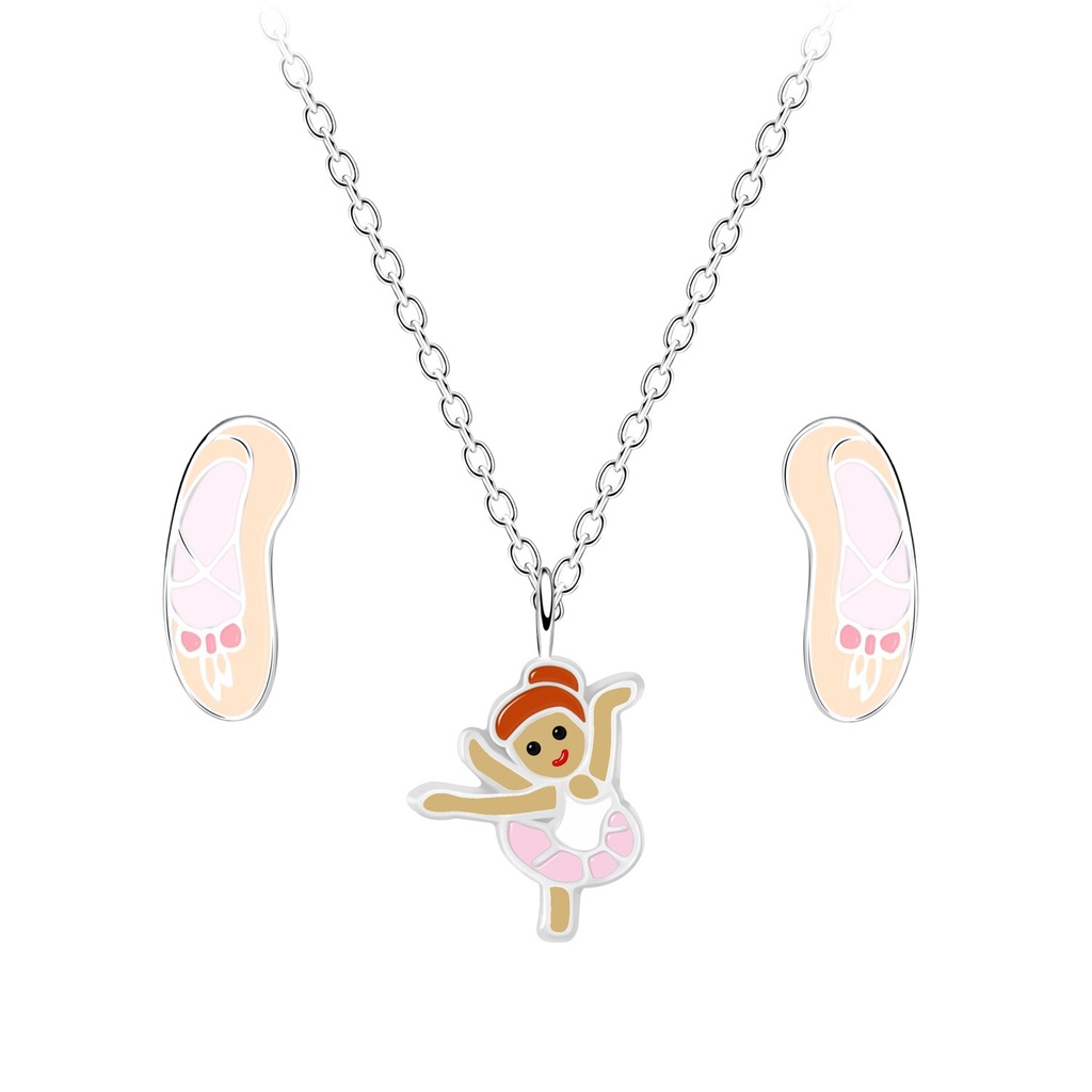 [10027986] Silver Ballerina Necklace and Stud Earrings Set