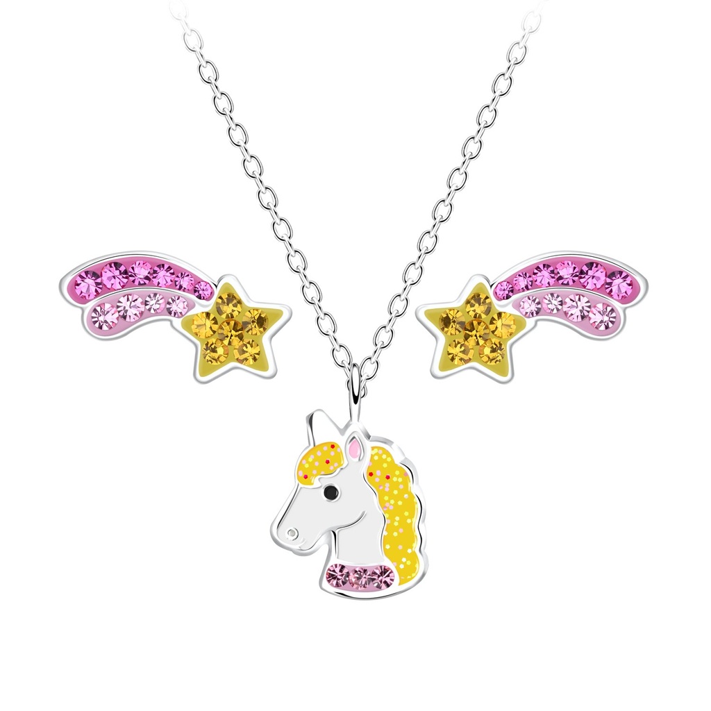 [10027984] Silver Unicorn Necklace and Stud Earrings Set