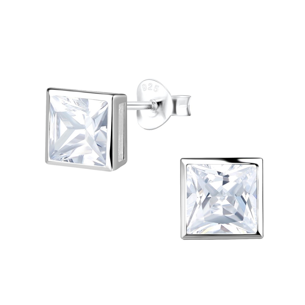 [10027880] 6mm Square Cubic Zirconia Silver Stud Earrings