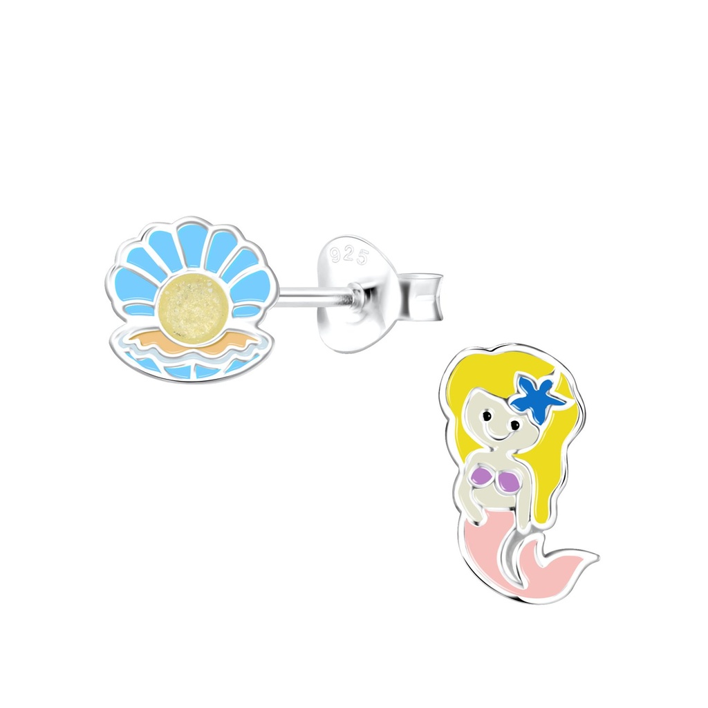 [10027959] Silver Shell and Mermaid Stud Earrings