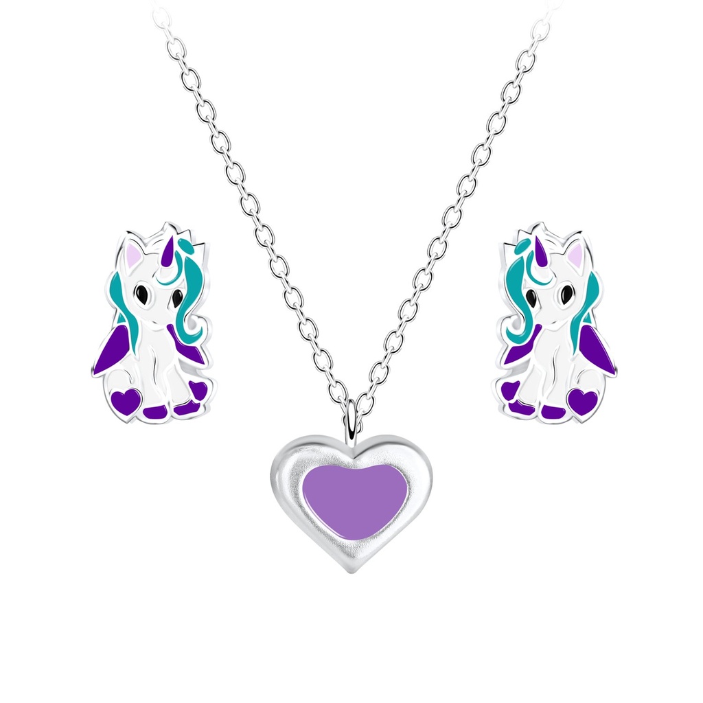 [10027985] Parure collier licorne et puces d'oreilles en argent