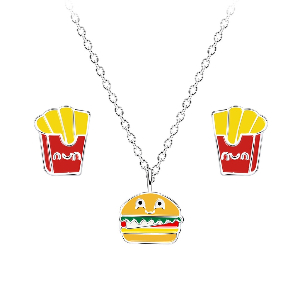[10027987] Silver Food Lover Necklace and Stud Earrings Set