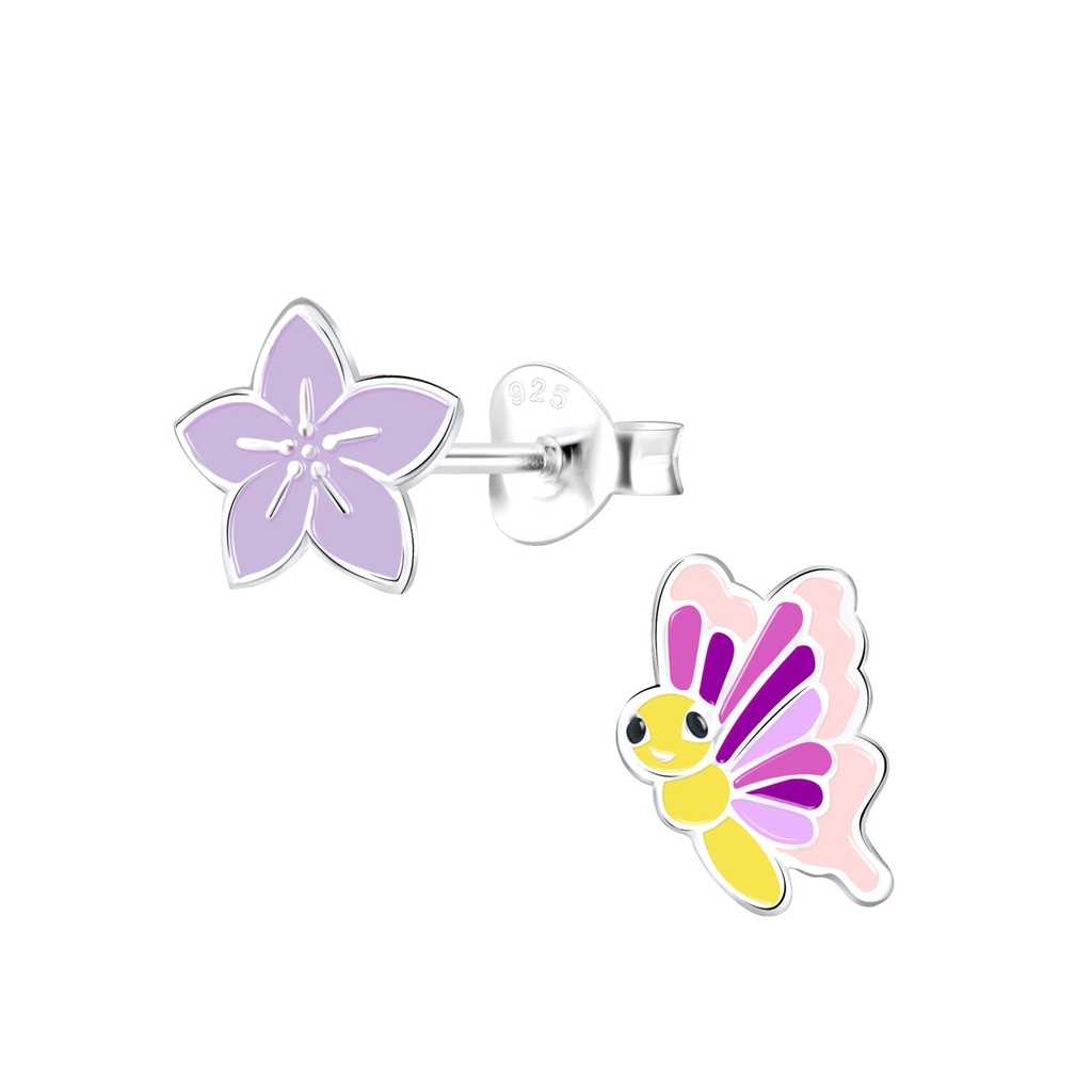 Silver Flower and Butterfly Stud Earrings