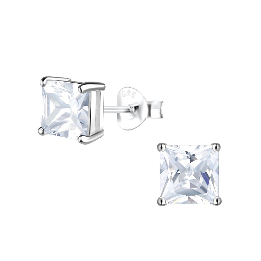 [10027885] 6mm Square Cubic Zirconia Silver Stud Earrings