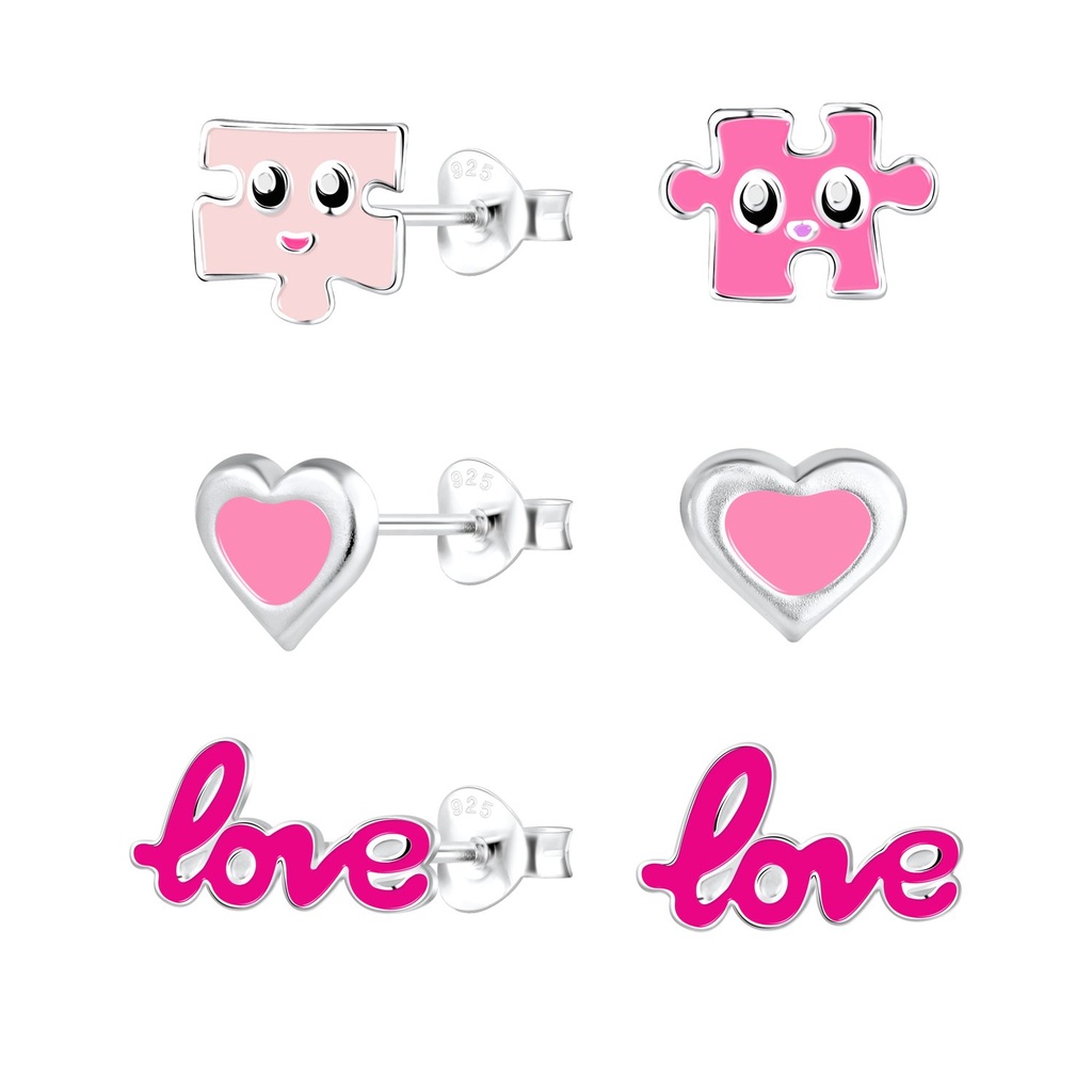 [10027918] Silver Pink Lover Stud Earrings Set