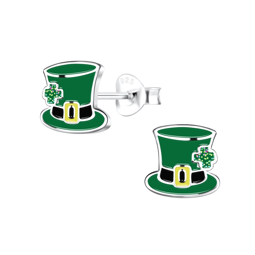 Puces d'oreilles chapeau vert en argent