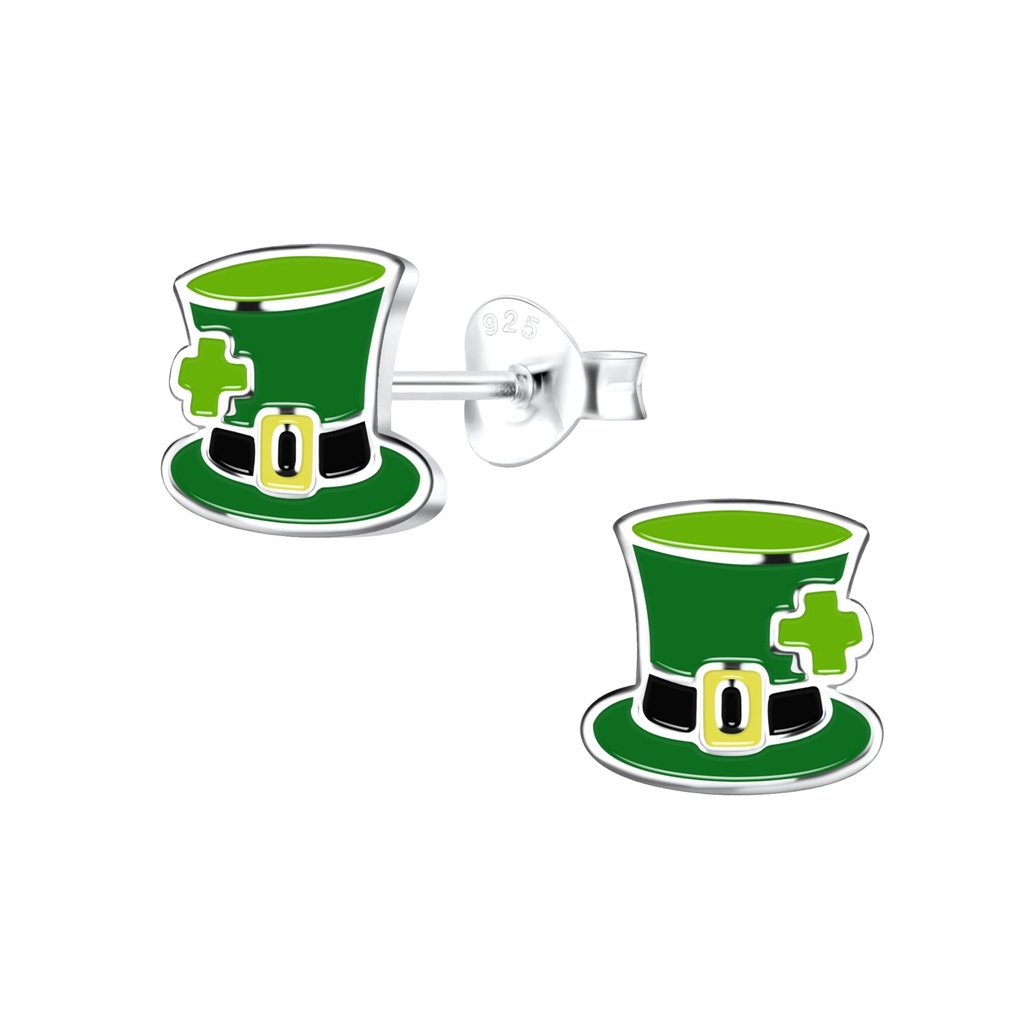 Puces d'oreilles chapeau vert en argent