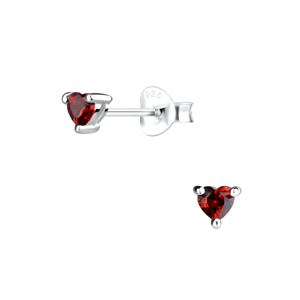 [10013484] 3mm Heart Cubic Zirconia Silver Stud Earrings (Garnet)