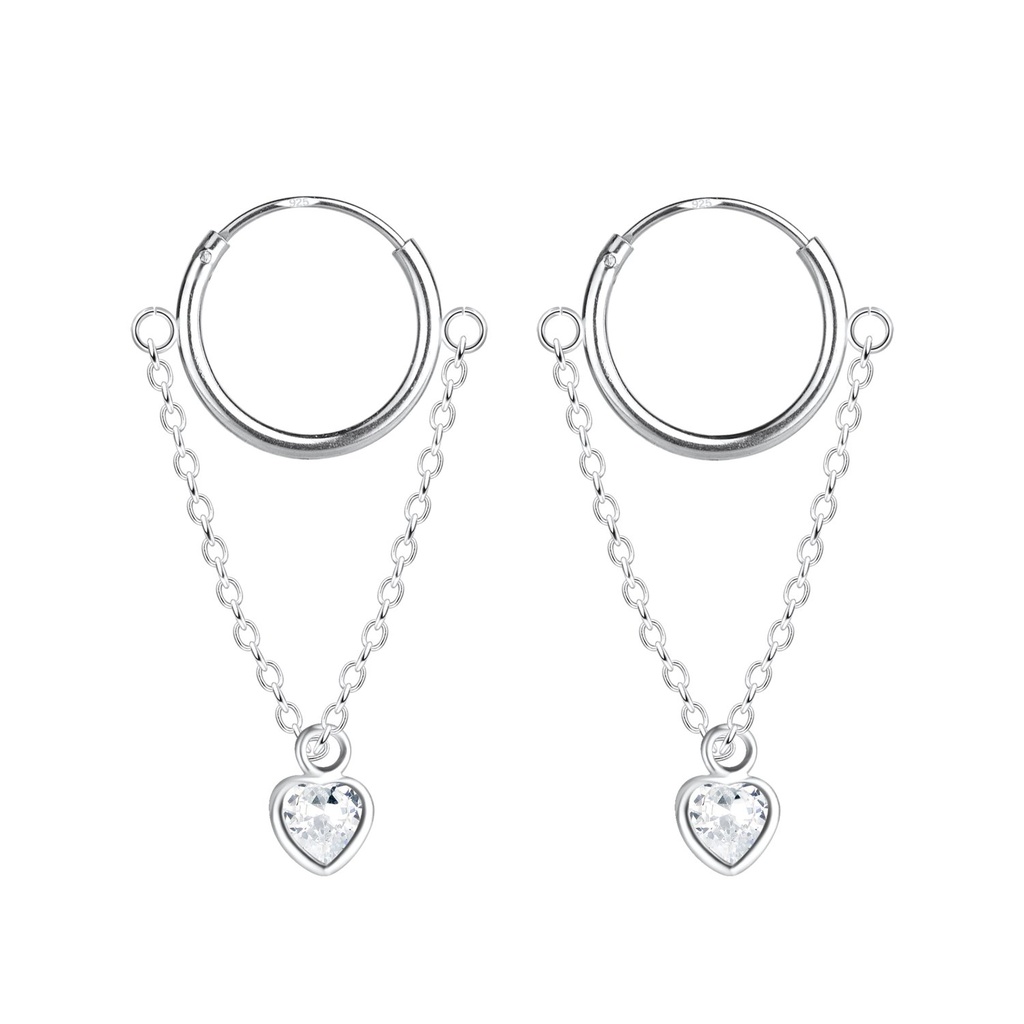 Silver Heart Charm Hoop Earrings