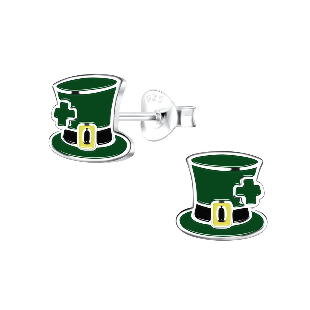 Silver Green Hat Stud Earrings