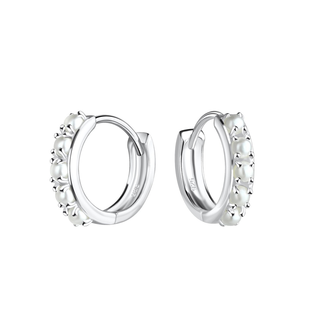 [10023806] 12mm Silver Pearl Huggie Earrings