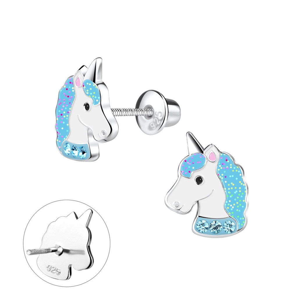 Silver Unicorn Screw Back Bullet Earrings