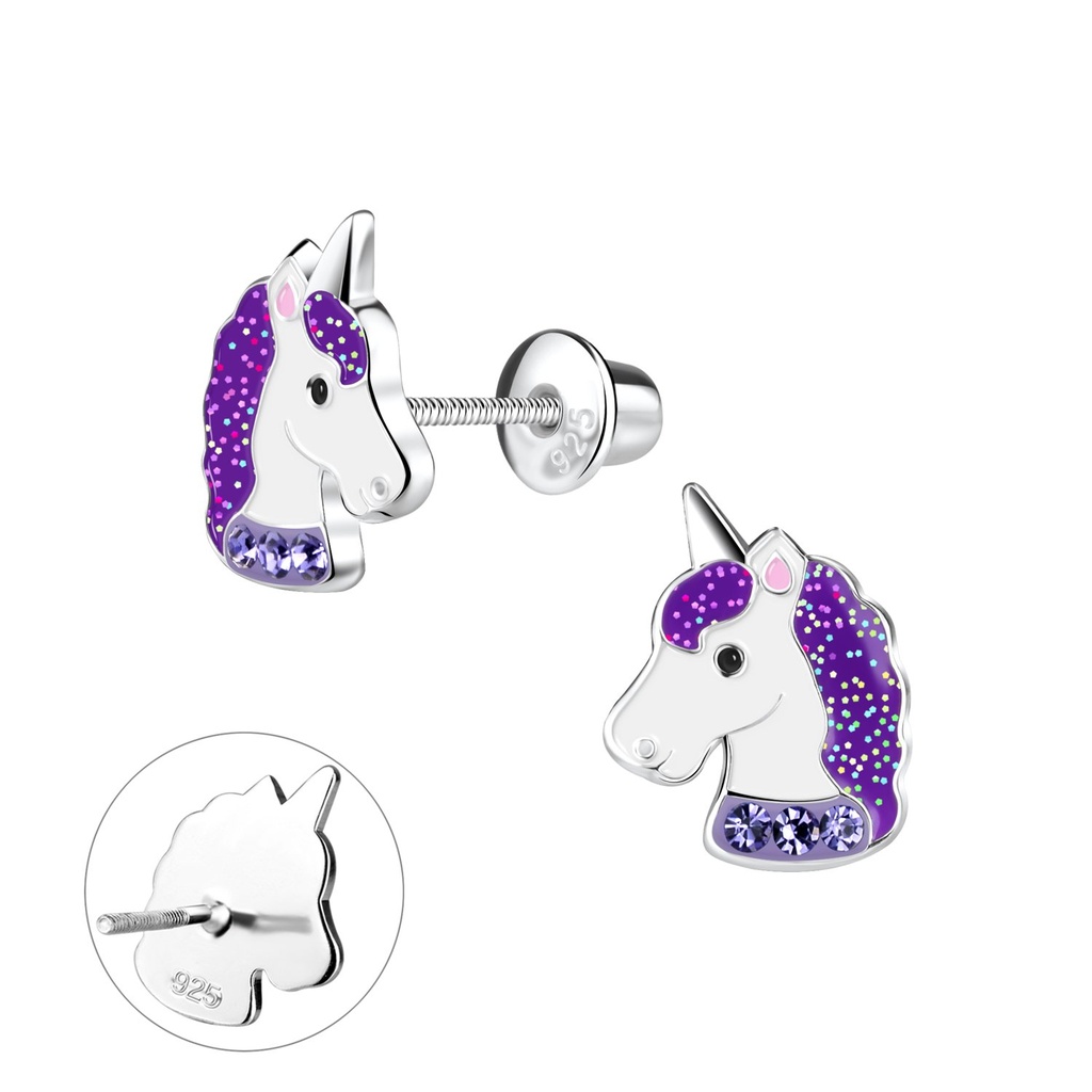 [10013294] Boucles d'oreilles bullet à fermoir à vis licorne en argent
