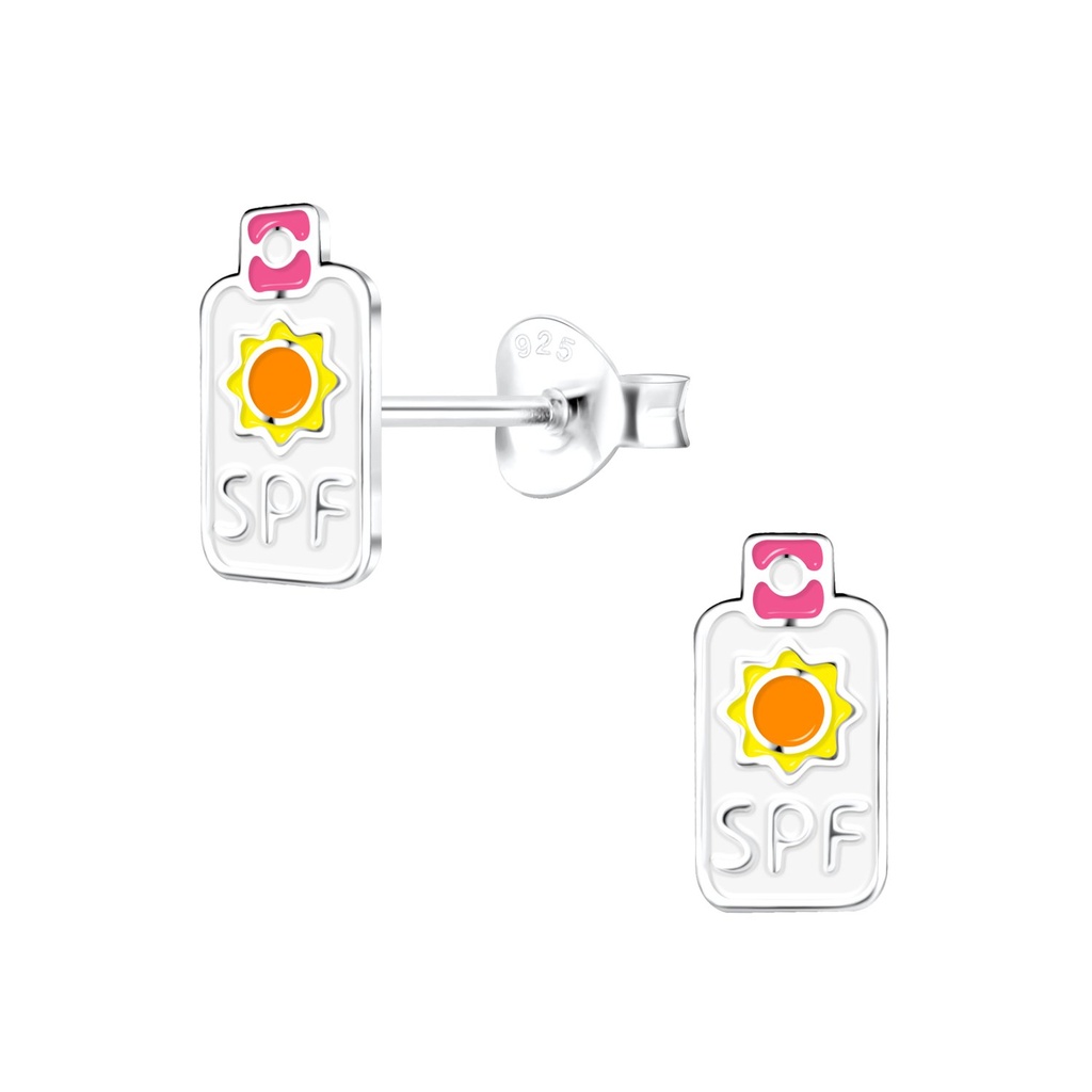 Puces d'oreilles bouteille crème solaire en argent