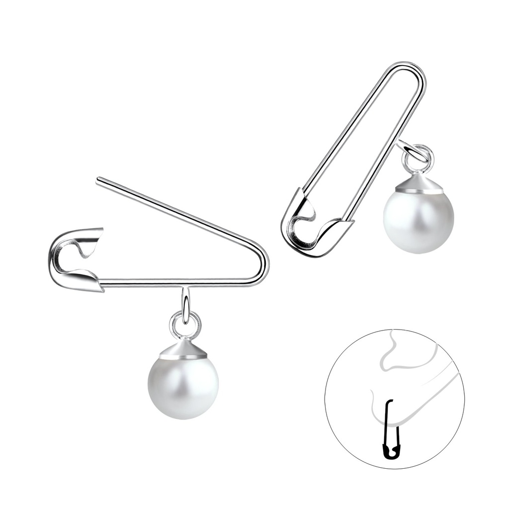 Silver Safety Pin Hoop Earrings With Pearl
