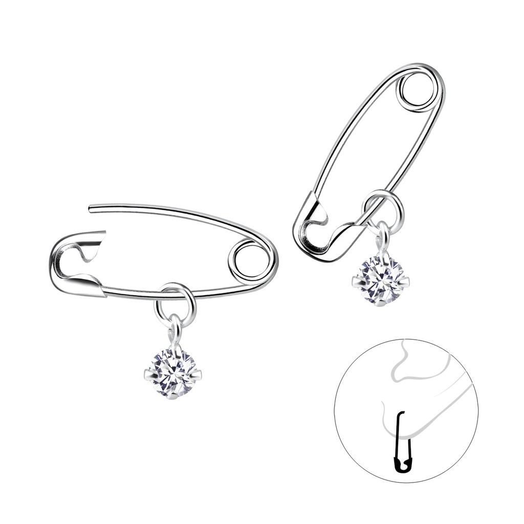 Silver Safety Pin Hoop Earrings With Cubic Zirconia