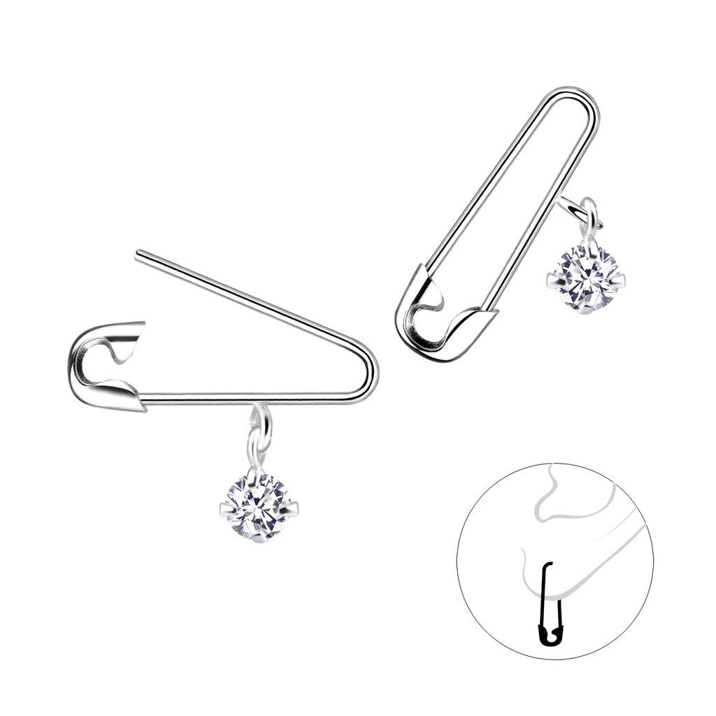 Silver Safety Pin Hoop Earrings With Cubic Zirconia