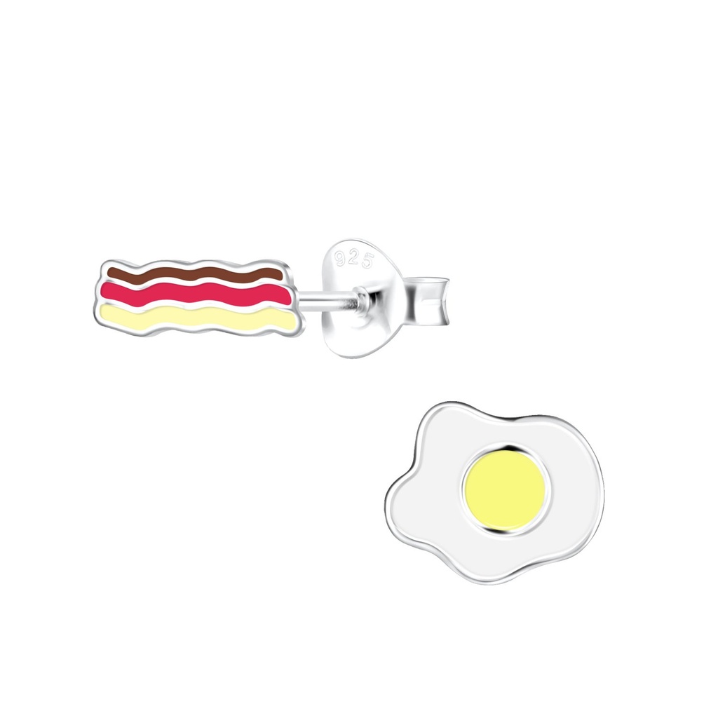 Silver Bacon and Fried Egg Stud Earrings