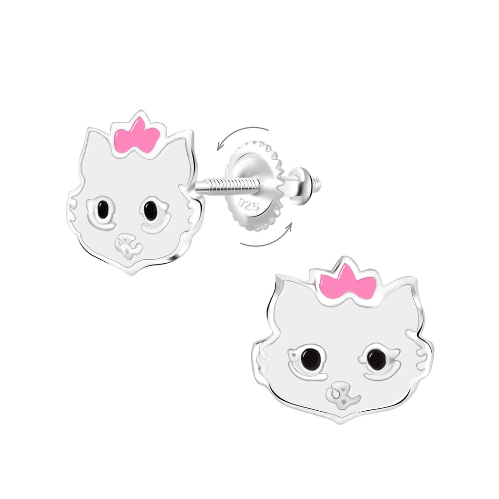 [10019075] Silver Cat Screw Back Earrings