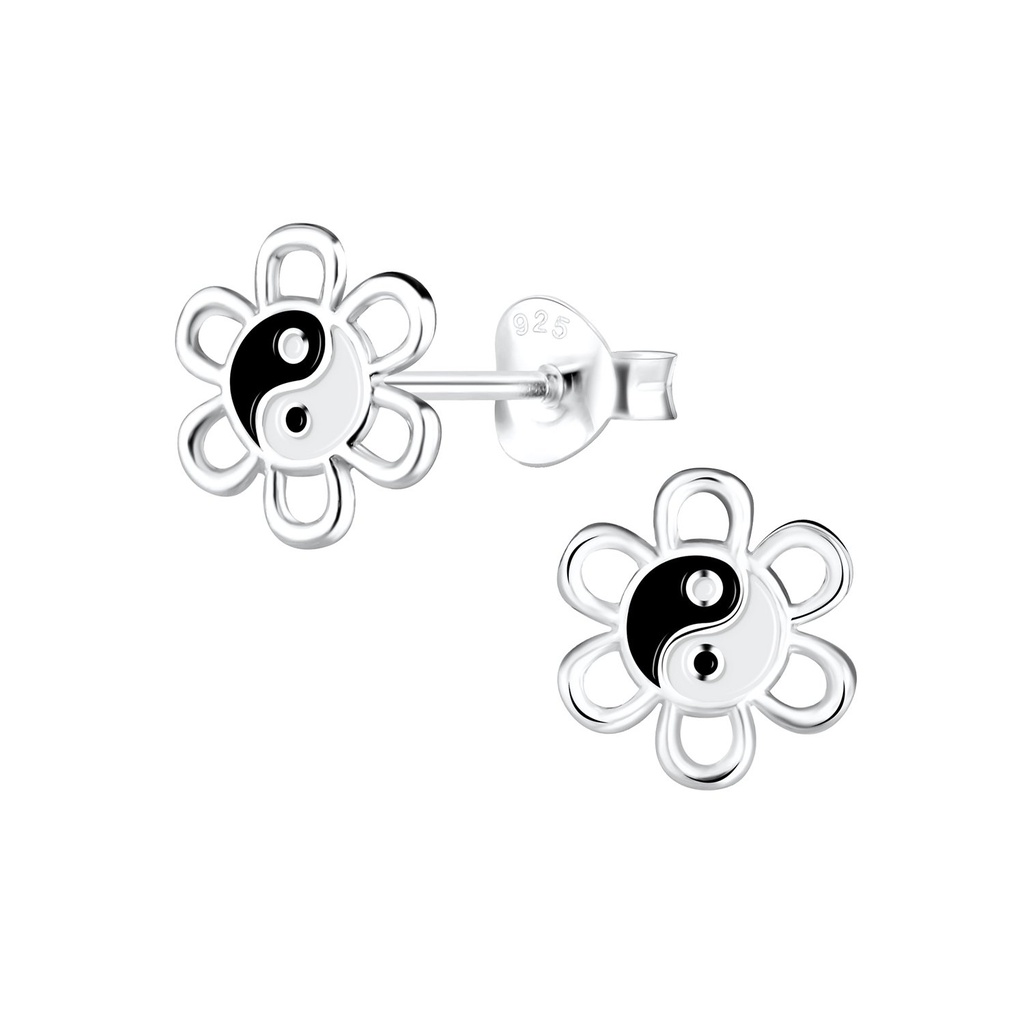 Puces d'oreilles fleur yin yang en argent