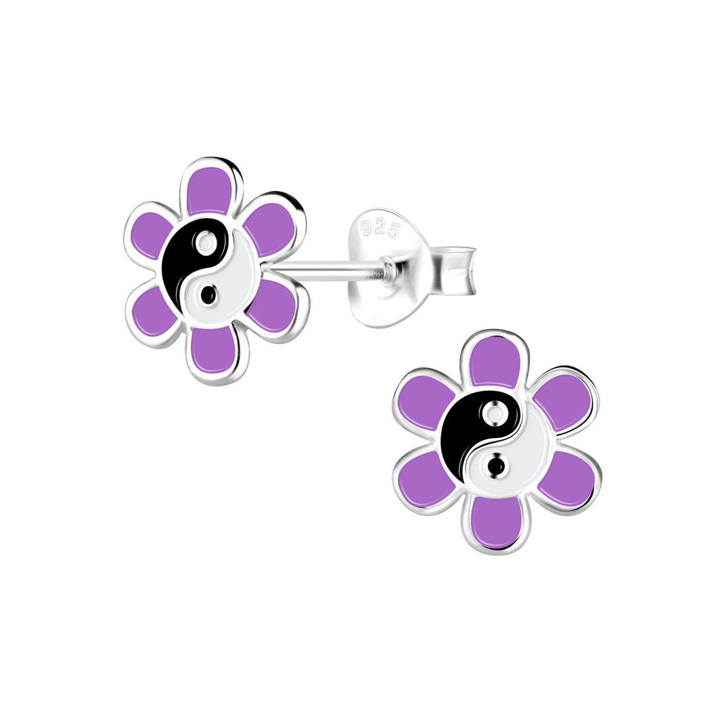 Silver Yin Yang Flower Stud Earrings