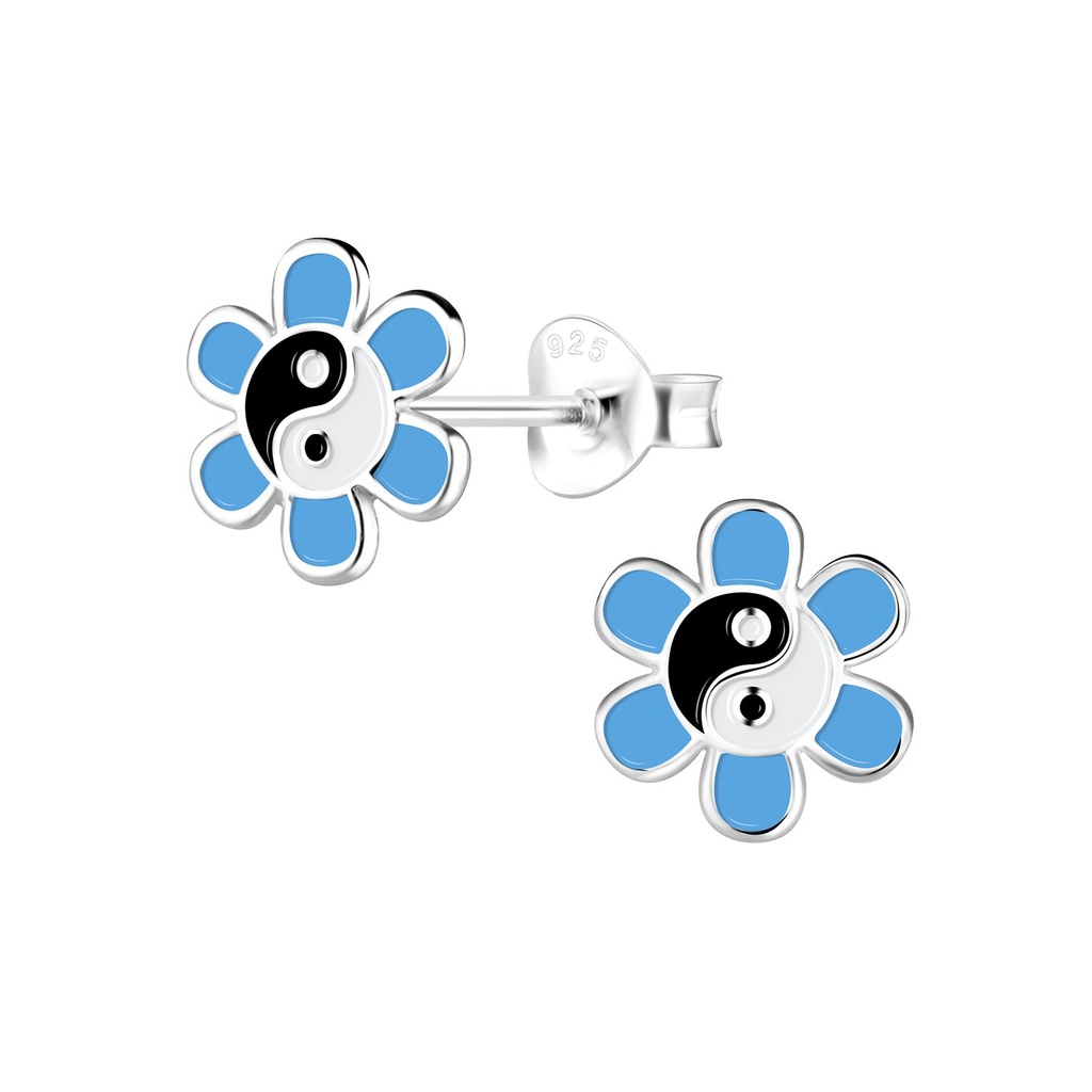 Silver Yin Yang Flower Stud Earrings