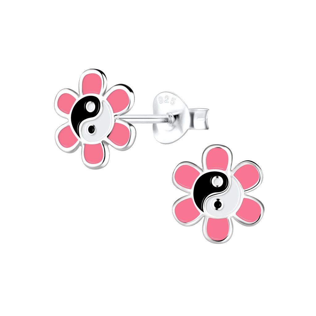 Puces d'oreilles fleur yin yang en argent