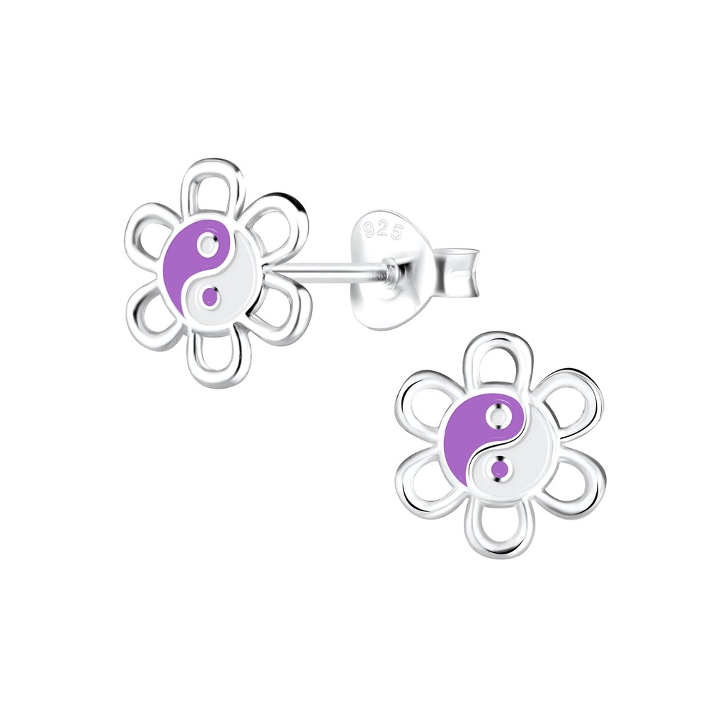 Puces d'oreilles fleur yin yang en argent