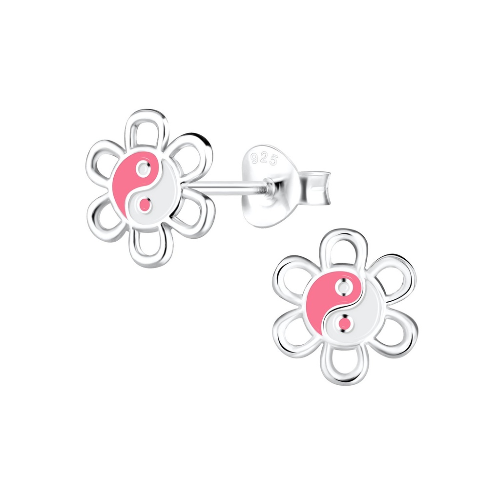 Silver Yin Yang Flower Stud Earrings