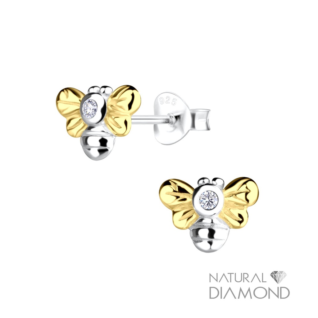 [10022616] Silver Two Tone Bee Stud Earrings With Natural Diamond