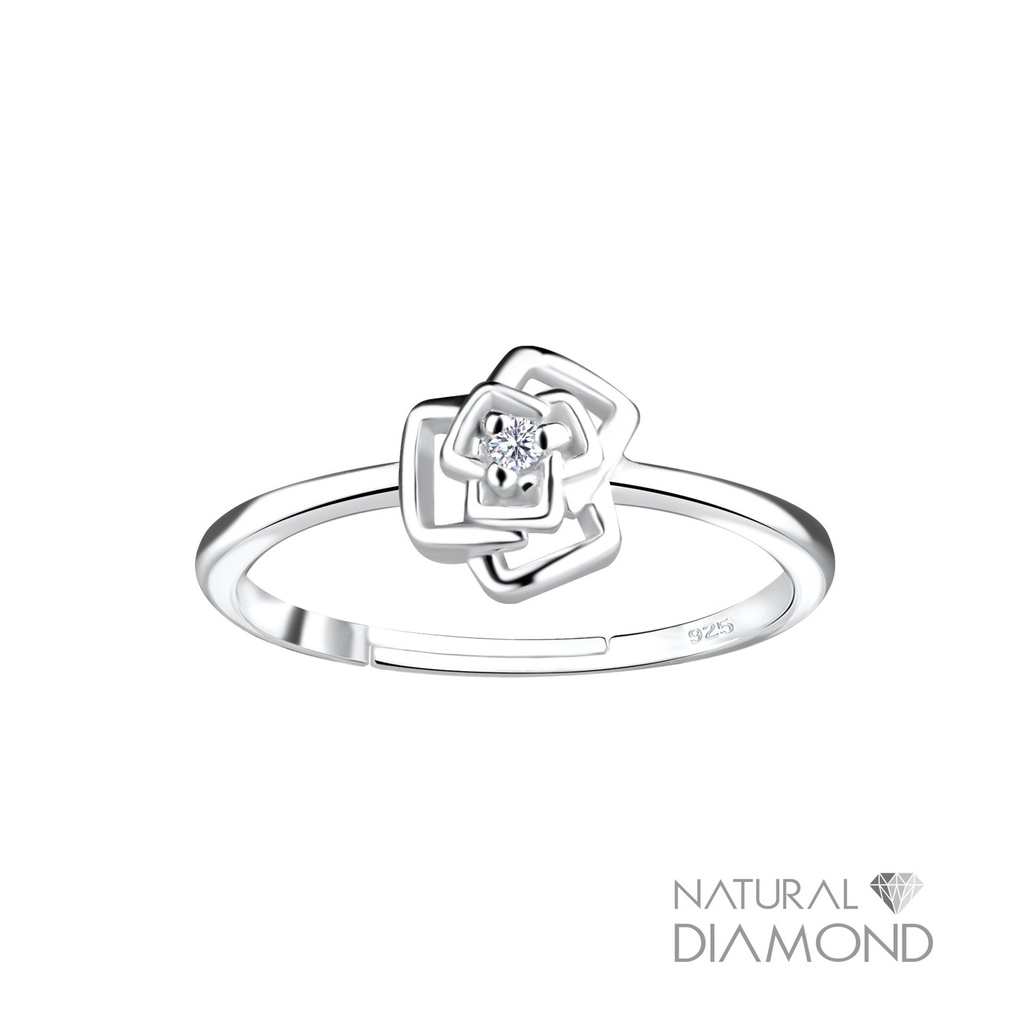 [10022618] Bague réglable fleur rose en argent avec diamant naturel