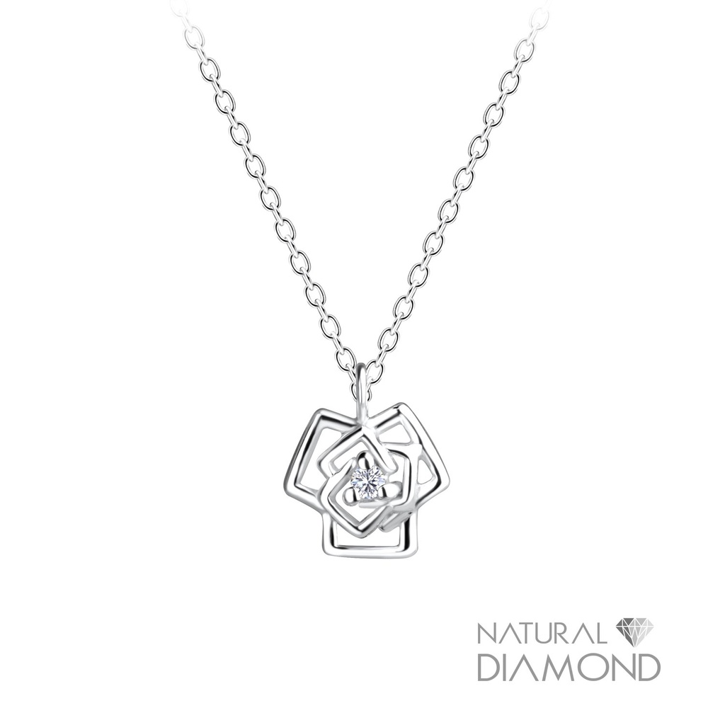 [10020979] Silver Rose Flower Necklace With Natural Diamond