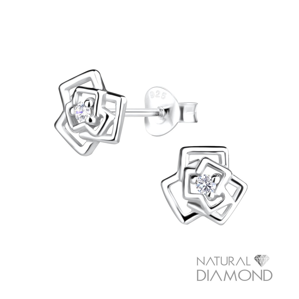 [10022620] Puces d'oreilles fleur rose en argent avec diamant naturel