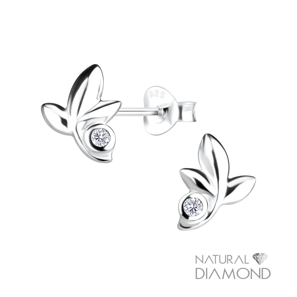 [10020052] Puces d'oreilles feuille en argent avec diamant naturel