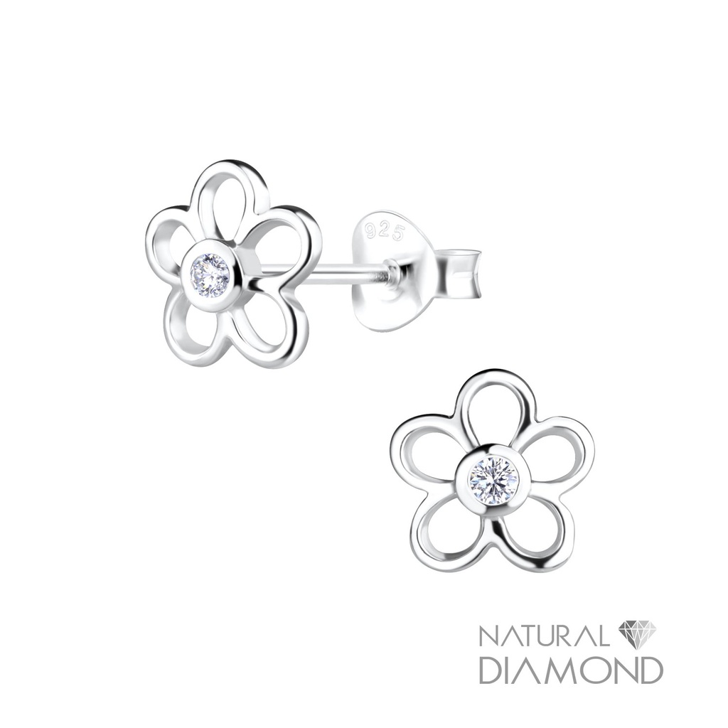 [10022630] Silver Flower Stud Earrings With Natural Diamond