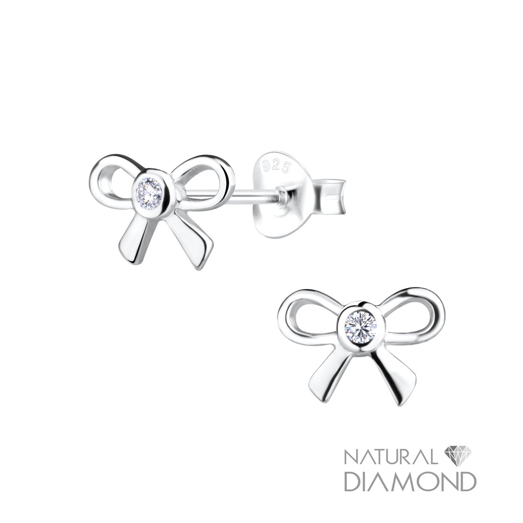 [10020054] Silver Bow Stud Earrings With Natural Diamond