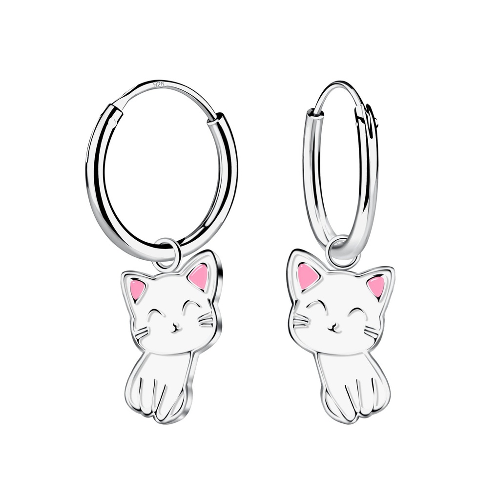 Silver Cat Charm Hoop Earrings