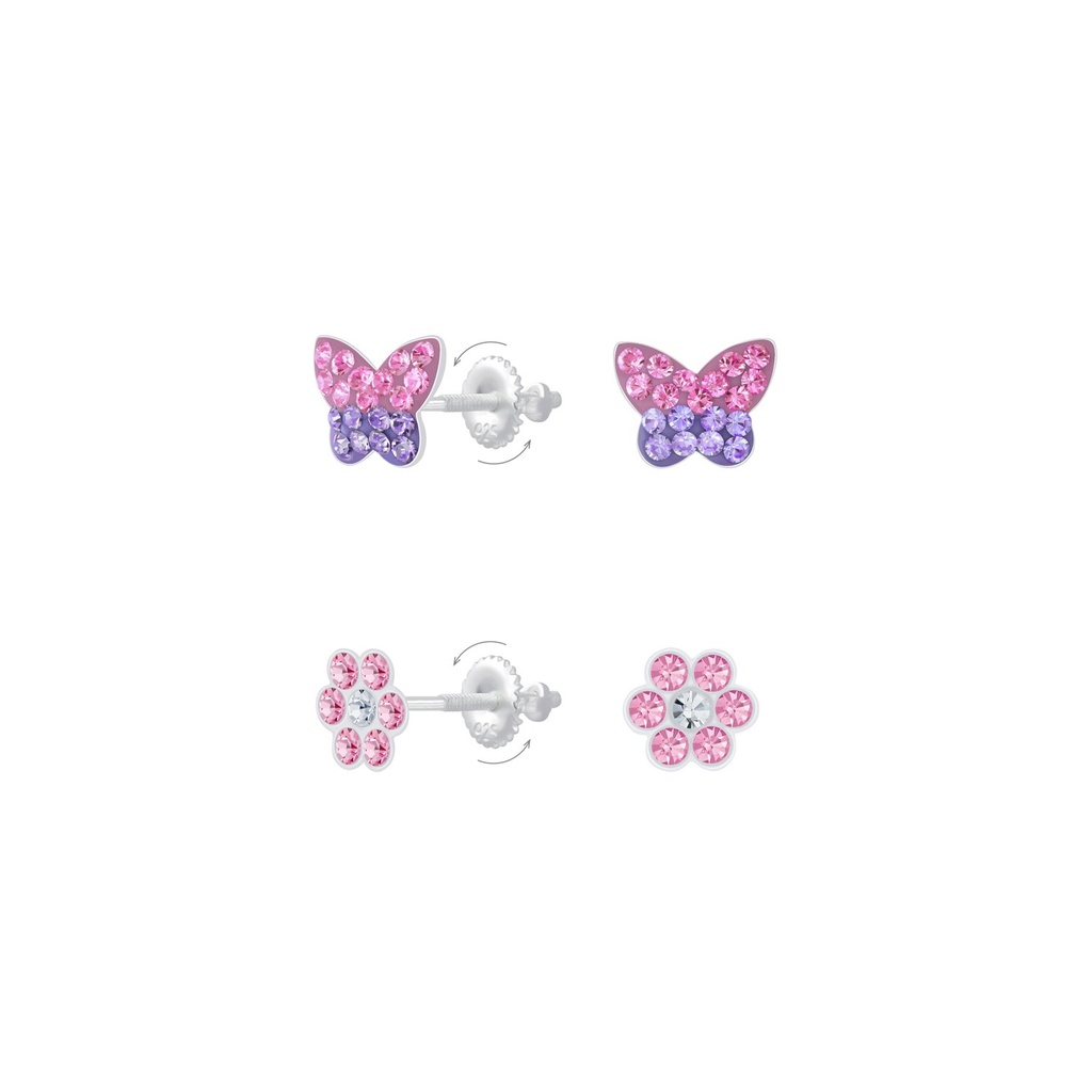 [10011398] Silver Butterfly and Flower Screw Back Earrings Set