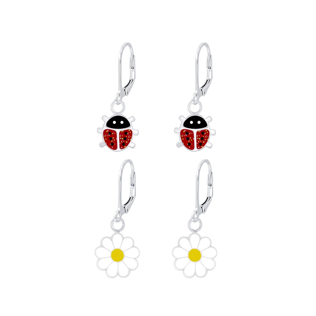 Lot de dormeuses à levier coccinelle et fleur en argent