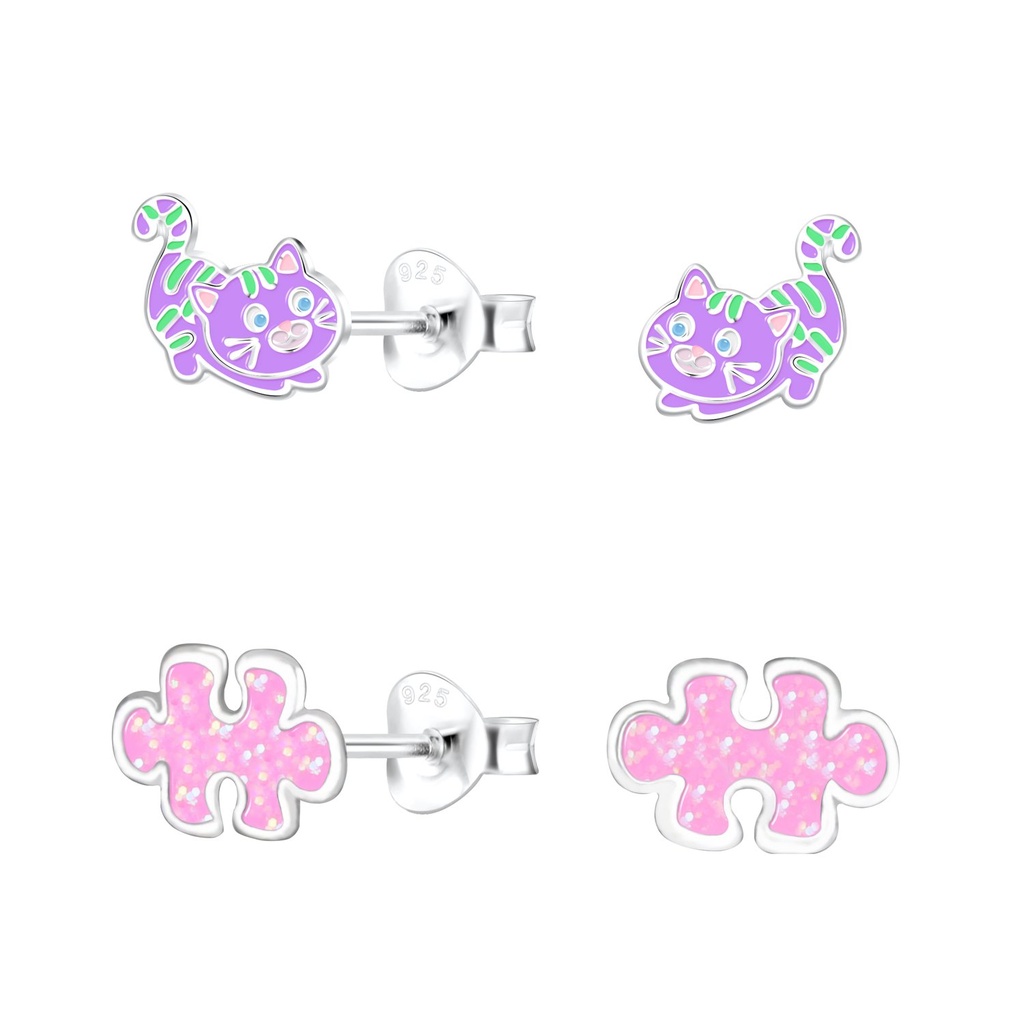 [10022268] Silver Cat Stud Earrings Set