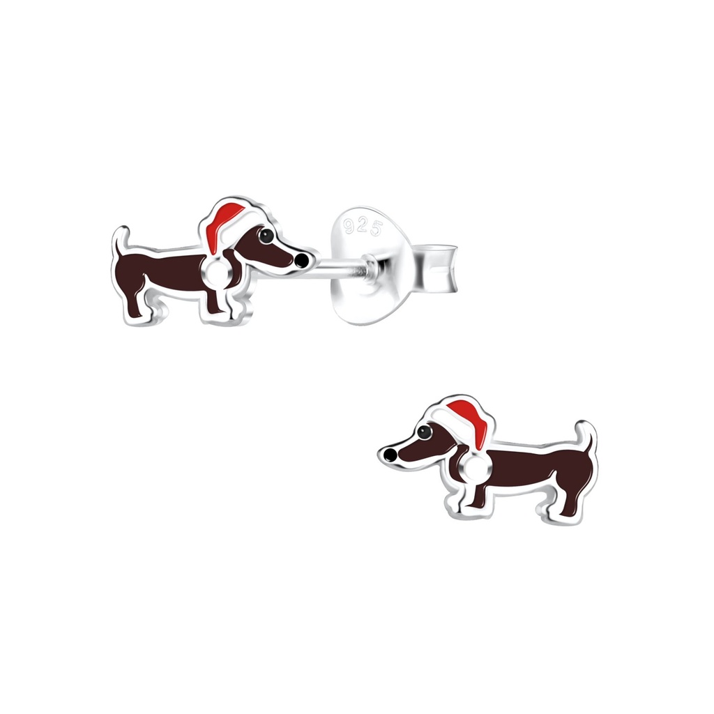 Silver Christmas Dachshund Dog Stud Earrings