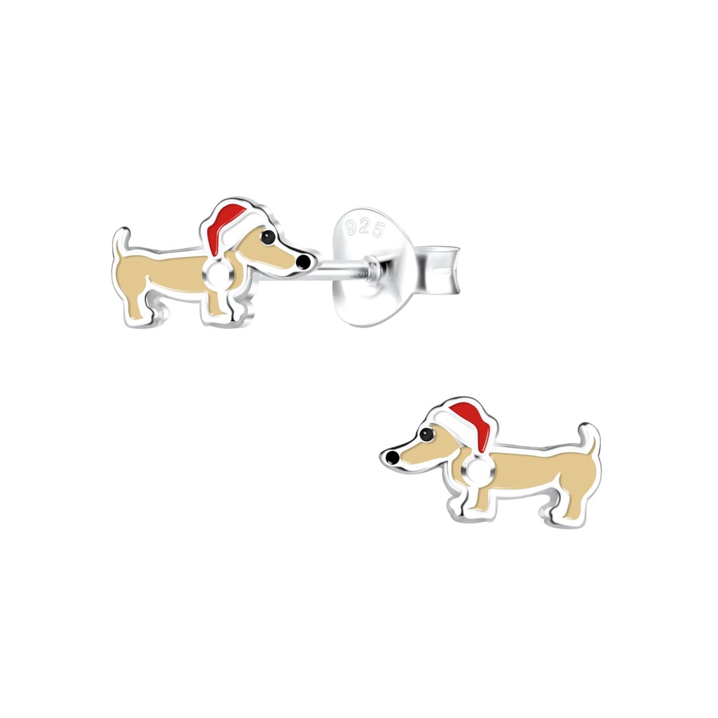 Silver Christmas Dachshund Dog Stud Earrings