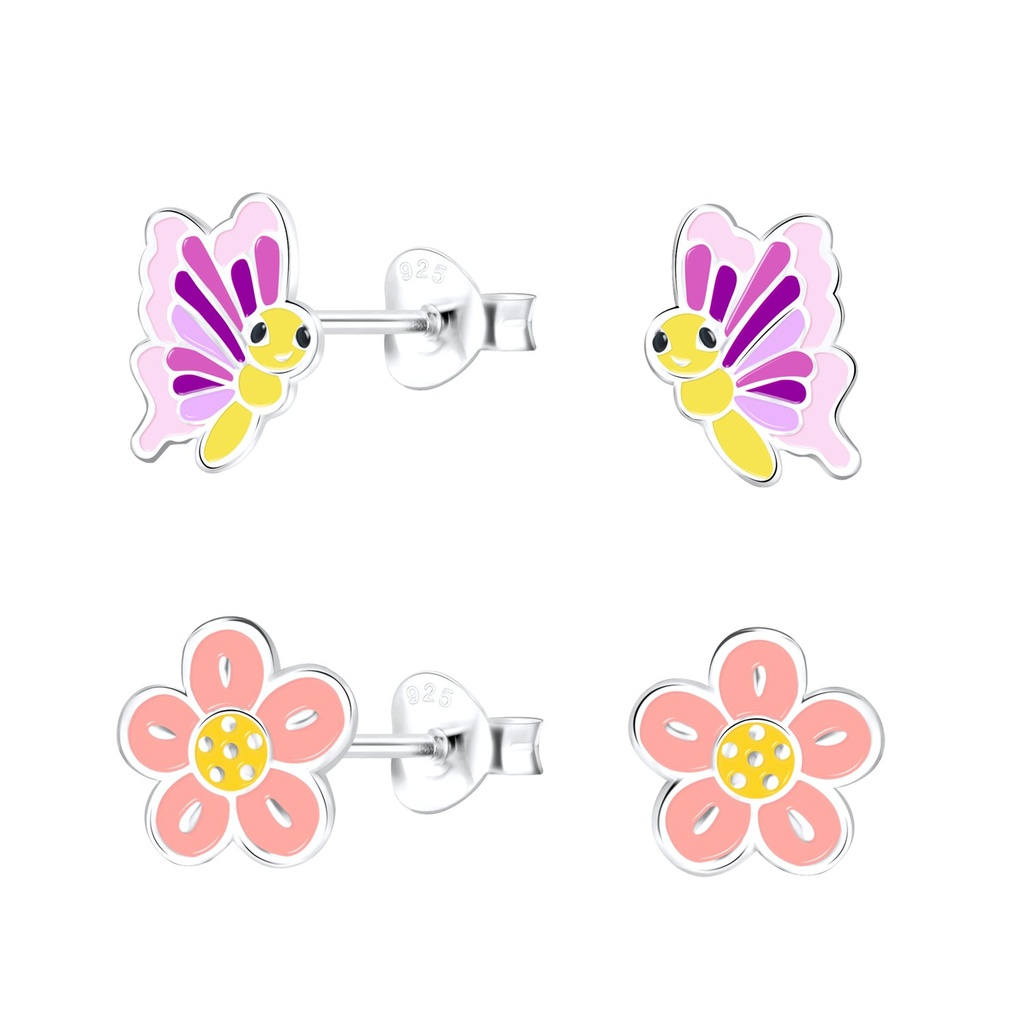 [10022261] Silver Butterfly and Flower Stud Earrings Set