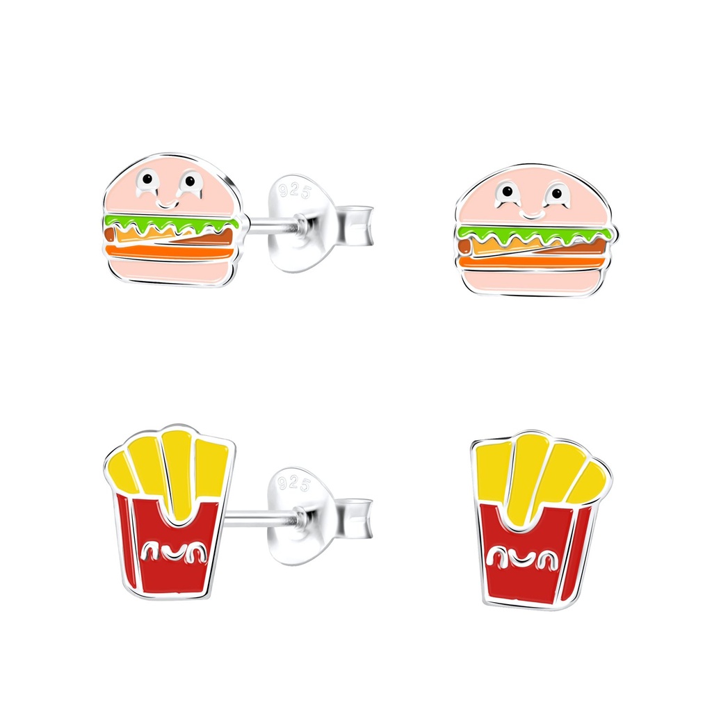 [10022262] Silver Burger and French Fries Stud Earrings Set
